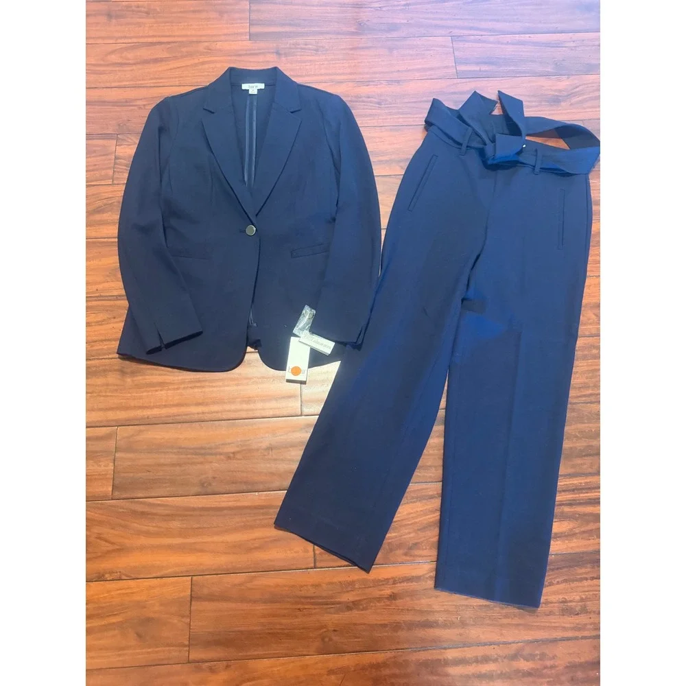 Bar III Womens Navy Blue 2 Piece Pant Suit Blazer and Tie Waist Trousers Set XS